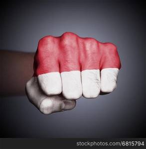 Front view of punching fist on gray background, flag of Indonesia
