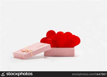 Front View of Red Hearts in a Pink Gift Box. St. Valentines Day. Symbol of Love and Devotion. Isolated on White Background