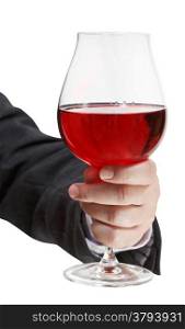 front view of red wine glass in businessman hand isolated on white background