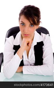 front view of serious female executive on an isolated background