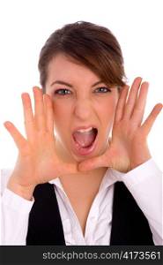 front view of shouting professional against white background