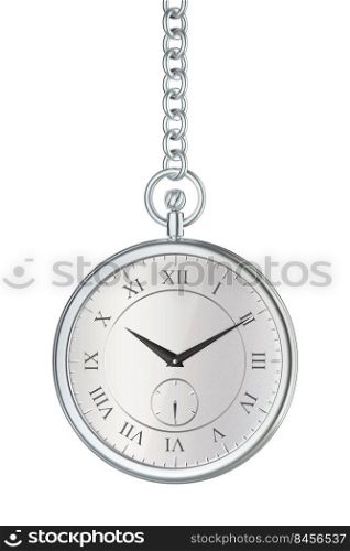 Front view of silver pocket watch with chain, isolated on white background