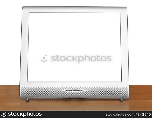 front view of silver TV set display with cut out screen on wooden table isolated on white background