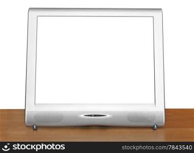 front view of silver TV set display with cut out screen on wooden table isolated on white background