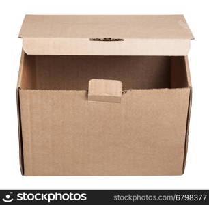 front view of slightly open cardboard box isolated on white background