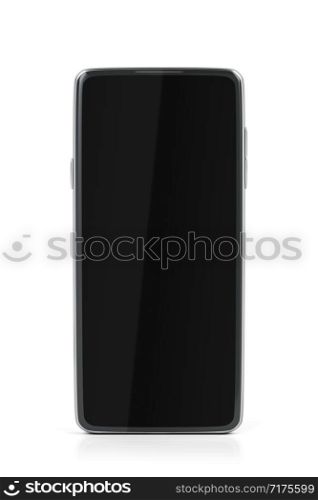 Front view of smartphone with black empty screen on white background