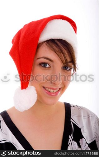 front view of smiling woman in christmas hat on an isolated white background