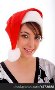 front view of smiling woman in christmas hat on an isolated white background