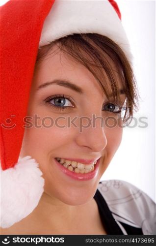 front view of smiling woman wearing christmas hat with white background