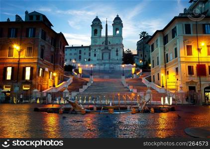Front view of Spanish stairs in Rome at sunrise