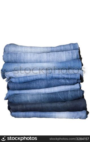 front view of stack, blue denim jeans