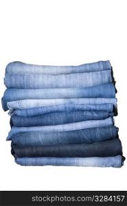 front view of stack, blue denim jeans