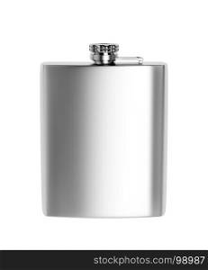 Front view of stainless steel hip flask, isolated on white background