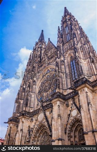 Front view of the main entrance to the St. Vitus cathedral in Prague Castle in Prague, Czech Republic