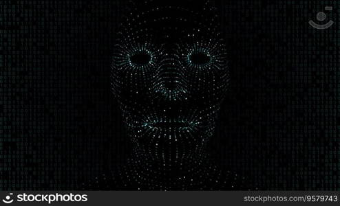 Front view of virtual robot head formed by green dots against binary code background. 3D Illustration. Virtual robot head formed by green dots against binary code background. 3D Illustration