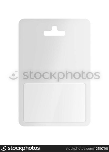 Front view of white blank gift card in blister packaging, isolated on white background