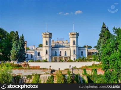 Front view of white Sharovsky castle, Kharkiv region, Ukraine. Front view of castle