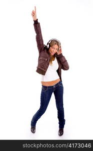 front view of woman enjoying music on an isolated white background