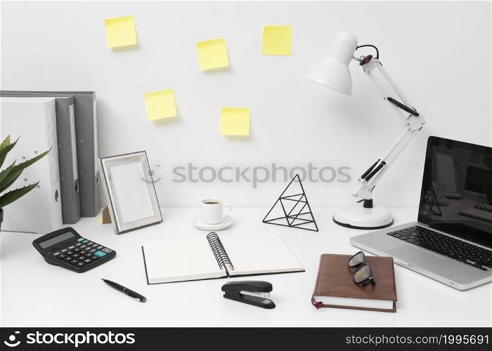 front view office desk arrangement