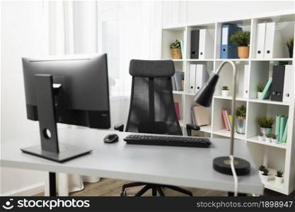 front view office desk with computer chair. Resolution and high quality beautiful photo. front view office desk with computer chair. High quality beautiful photo concept