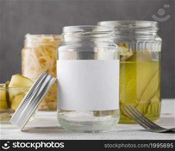 front view pickled vegetables clear jars