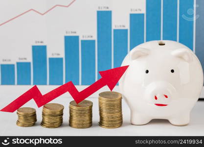front view piggy bank with coins growth chart