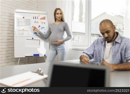 front view pregnant businesswoman giving presentation while coworker takes notes
