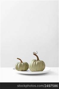 front view pumpkin figurines plate with copy space