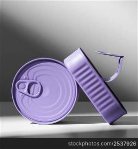 front view purple tin cans