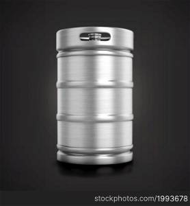 Front view shiny metallic beer keg isolated on matte background.