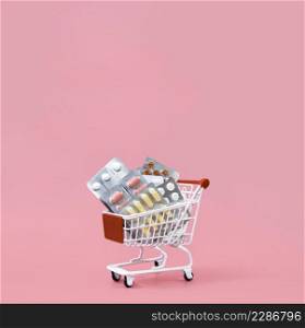 front view shopping cart with pill foils copy space
