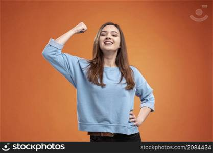 front view strong woman with bicep