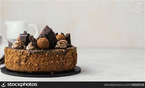 front view sweet chocolate cake with copy space. Resolution and high quality beautiful photo. front view sweet chocolate cake with copy space. High quality beautiful photo concept