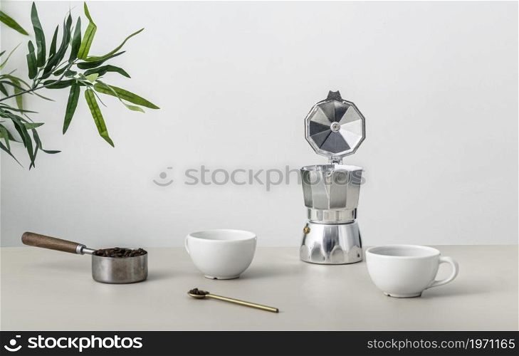 front view table with coffee cup kettle. High resolution photo. front view table with coffee cup kettle. High quality photo
