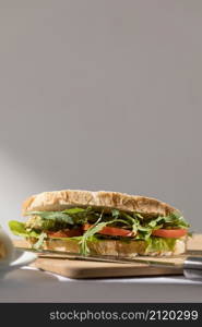 front view toast sandwich with tomatoes greens copy space