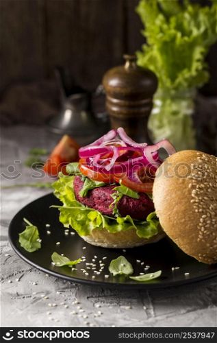 front view vegetarian burger plate