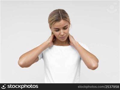 front view woman having neck pain
