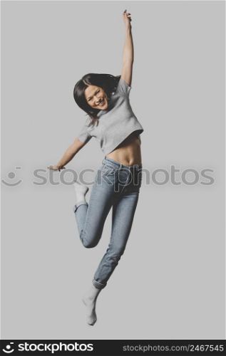 front view woman jumping air