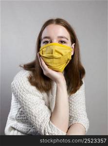 front view woman wearing medical mask with copy space