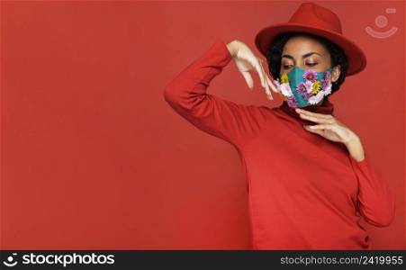 front view woman with flowers mask