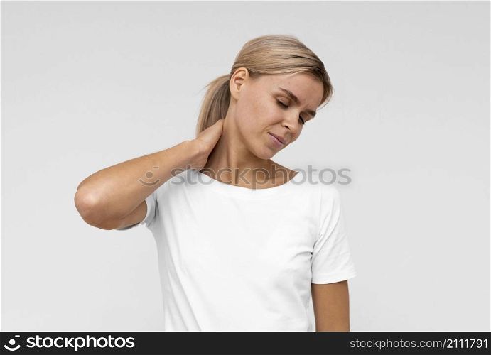 front view woman with neck pain