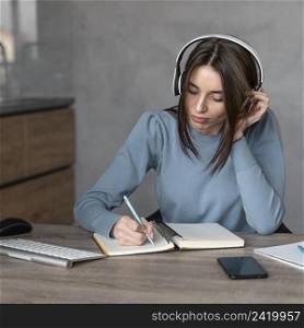 front view woman working media field with headphones