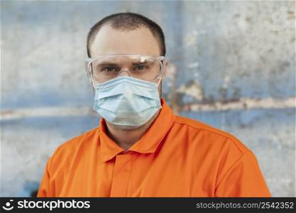 front view worker uniform with medical mask