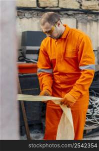 front view worker uniform with safety glasses