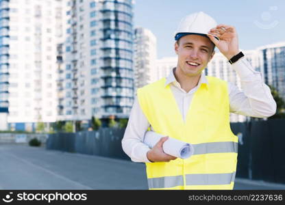 front view young architect with plans helmet