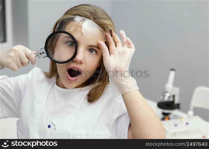 front view young girl scientist using magnifying glass