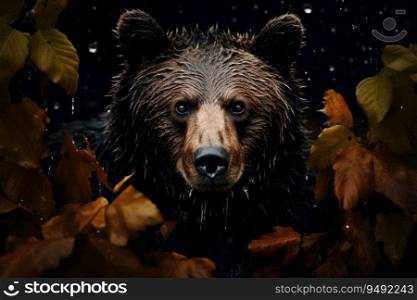 Frontal view of a bear in the autumn forest.. Frontal view of a bear in the autumn forest