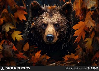 Frontal view of a bear in the autumn forest. Generative AI. Frontal view of a bear in the autumn forest