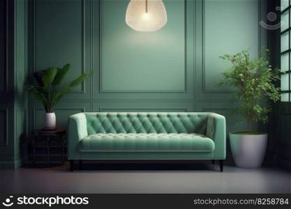 Frontal view of mint sofa. Mint wall home. Generate Ai. Frontal view of mint sofa. Generate Ai