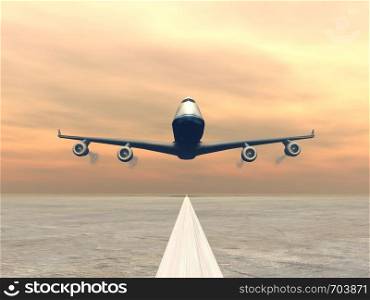 Frontview of a airplane landing on the ground by sunset. Plane landing - 3D render